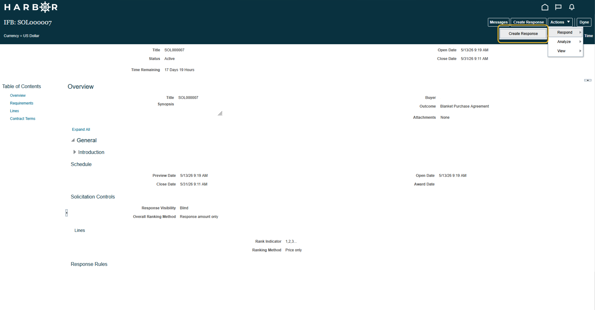 The "8 - Viewing Active Solicitations.png" image shows the HARBOR solicitation page with the "Create Response" option highlighted in yellow.