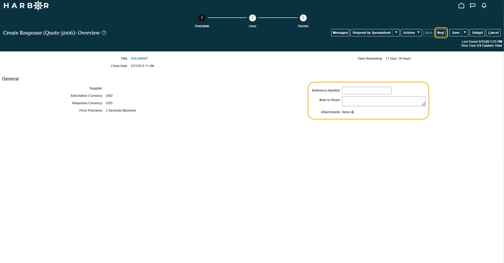 The "9 - Viewing Active Solicitations.png" image shows the HARBOR "Create Response" overview page with the "Next" button highlighted in yellow.
