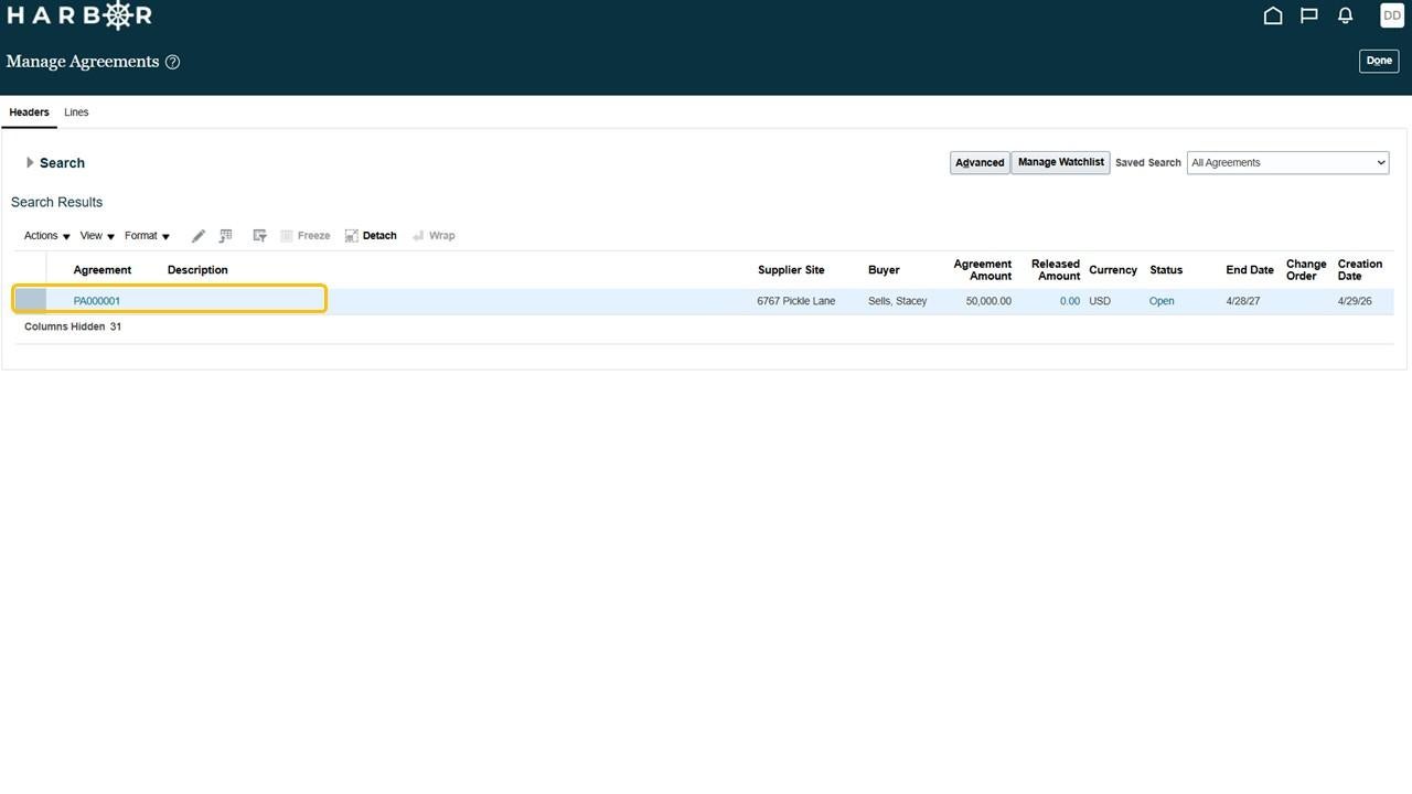 Manage agreements search results with agreement number highlighted