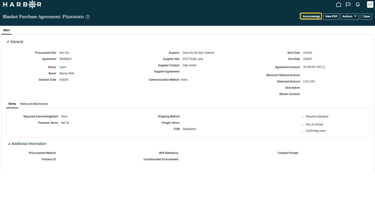 Agreement detail screen with the "Acknowledge" link highlighted in the upper right corner