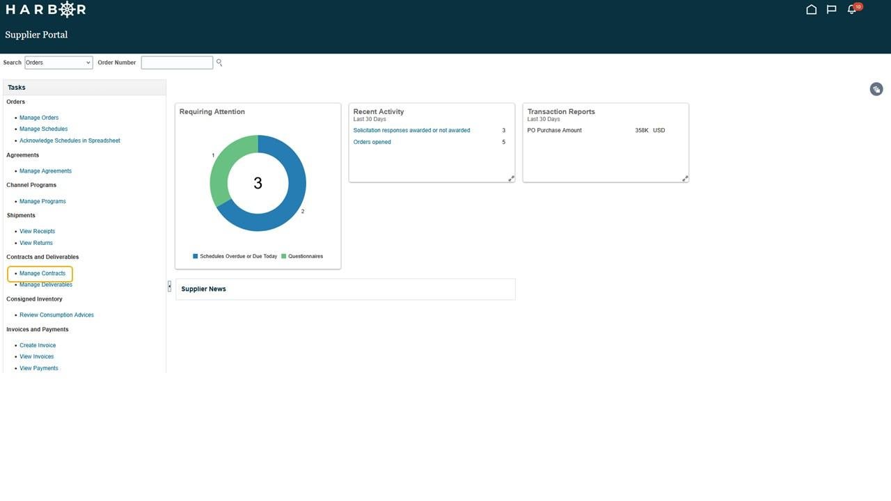 Supplier Portal with "Manage Contracts" link on left highlighted with yellow box