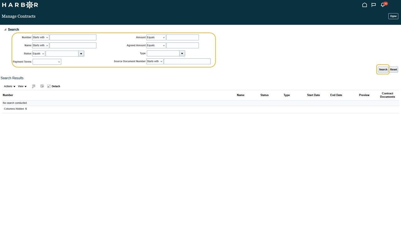 Manage Contracts screen with the search section at the top highlighted in a yellow box
