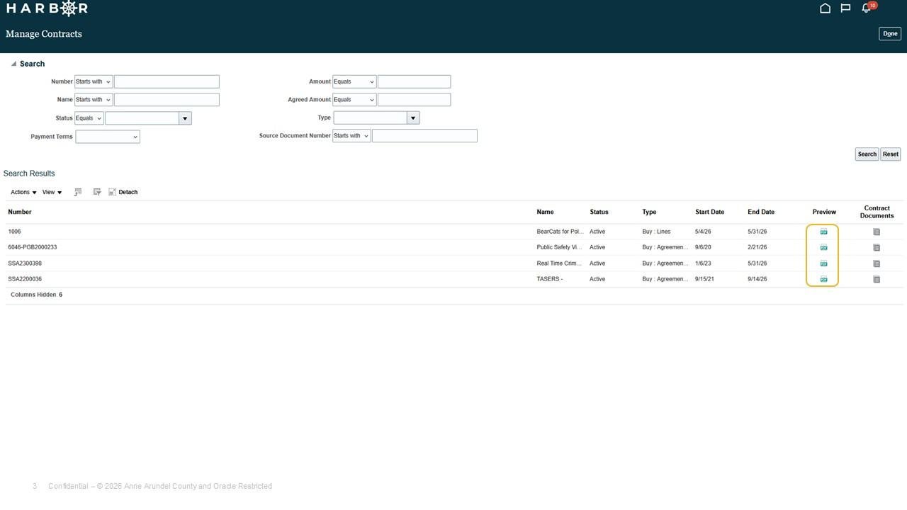 Manage Contracts screen with search results displayed and the preview icons highlighted