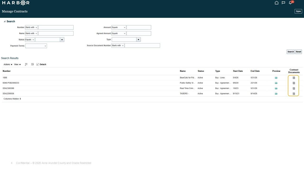 Manage contracts screen with search results displayed and "contract documents" column highlighted