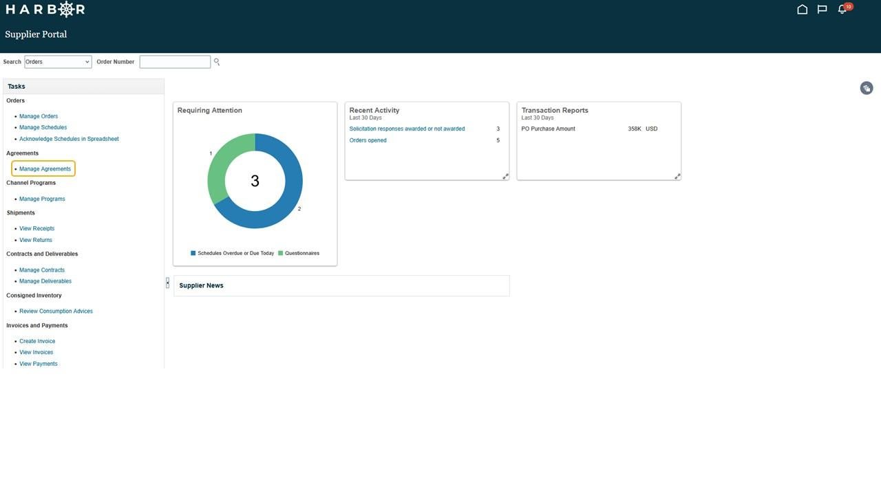 Supplier Portal screen with "Manage Agreements" option on left navigation highlighted