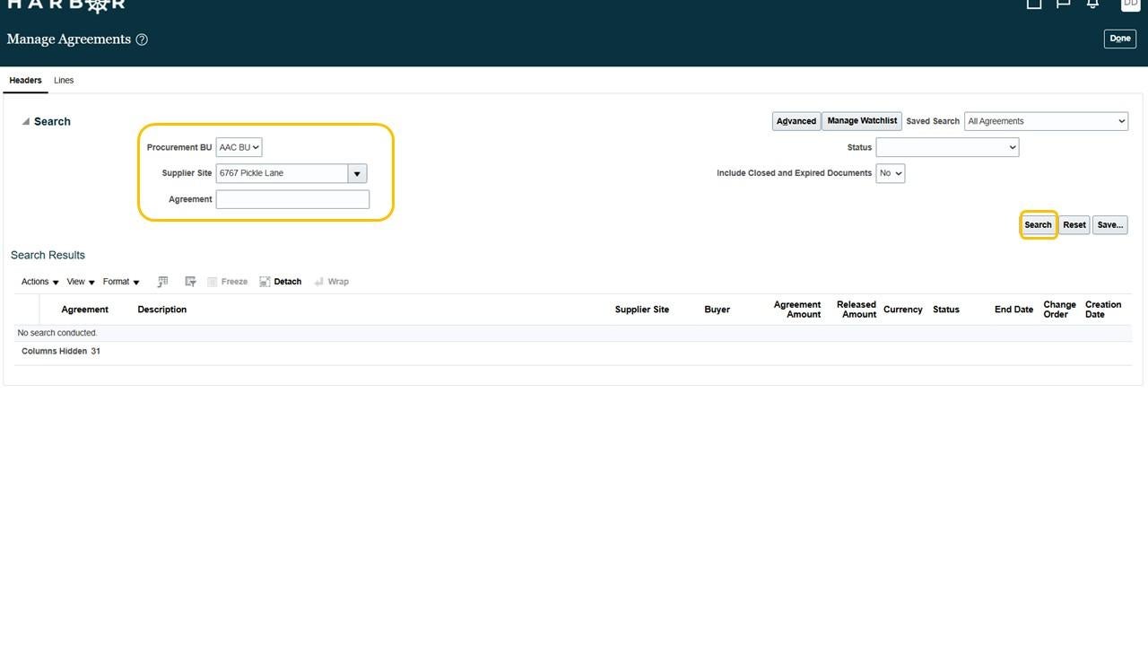 Manage Agreements screen with search criteria boxes highlighted