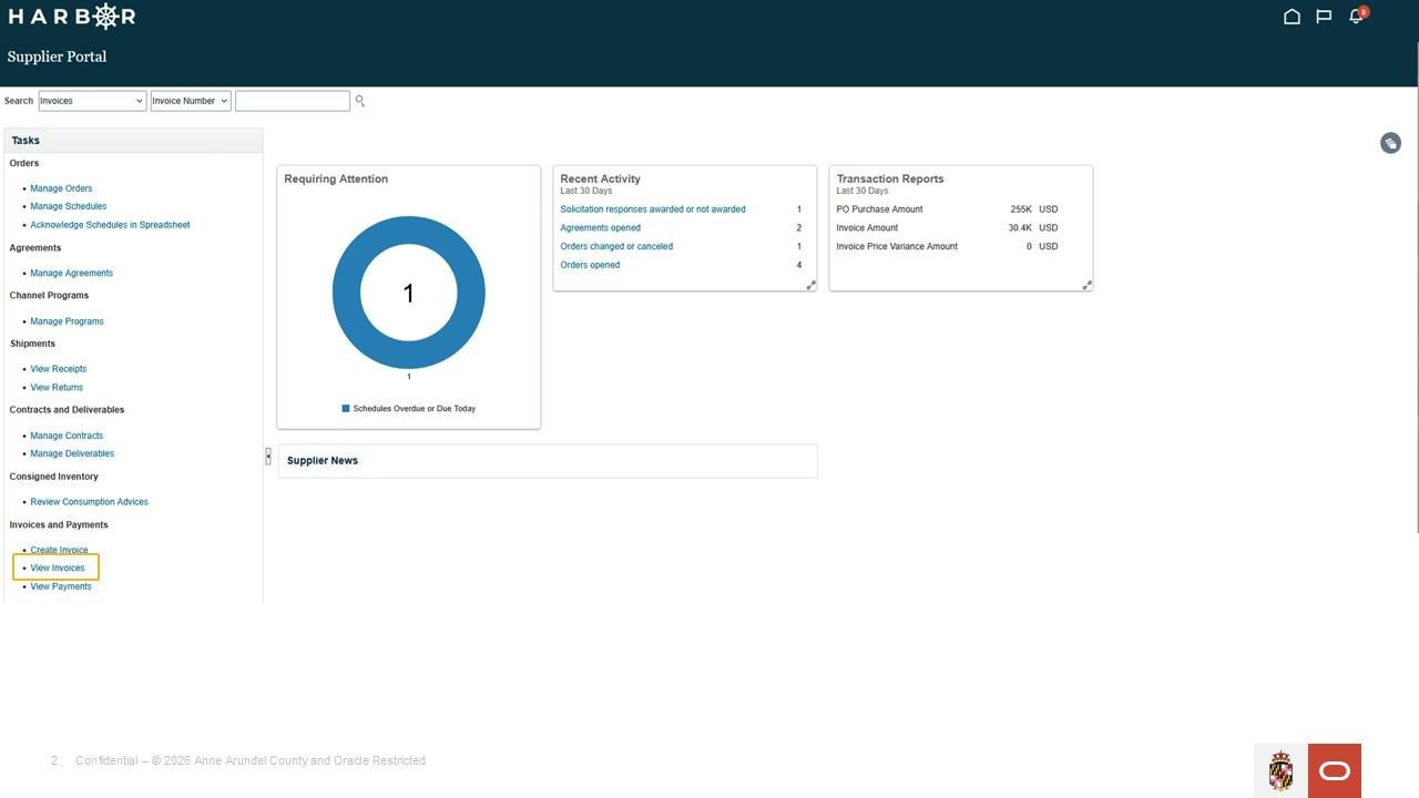Harbor supplier portal screen with a yellow box around "view invoices"