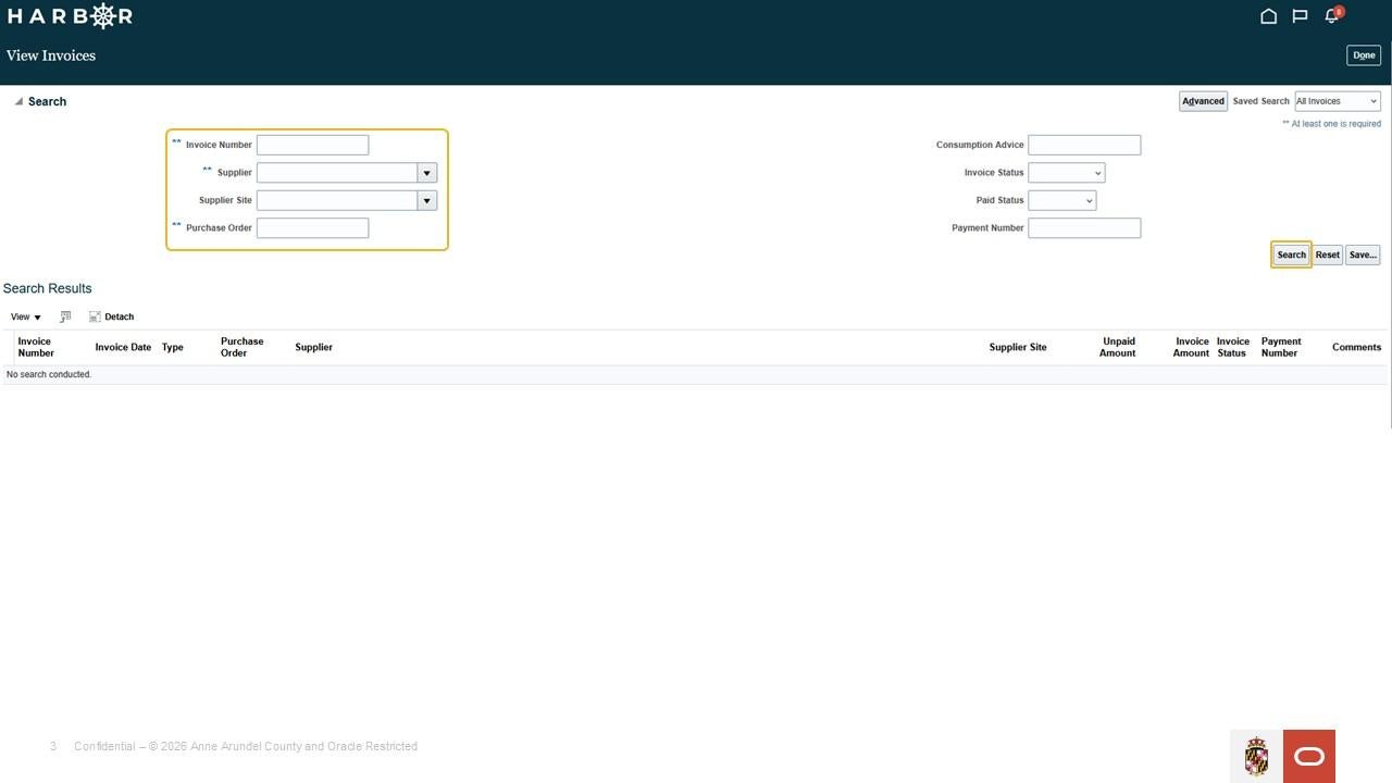Harbor view invoices screen with a yellow box around "invoice information" and the "search" button