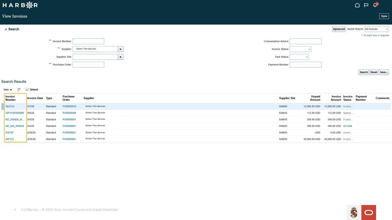 Harbor view invoices screen with a yellow box around "Invoice Number"