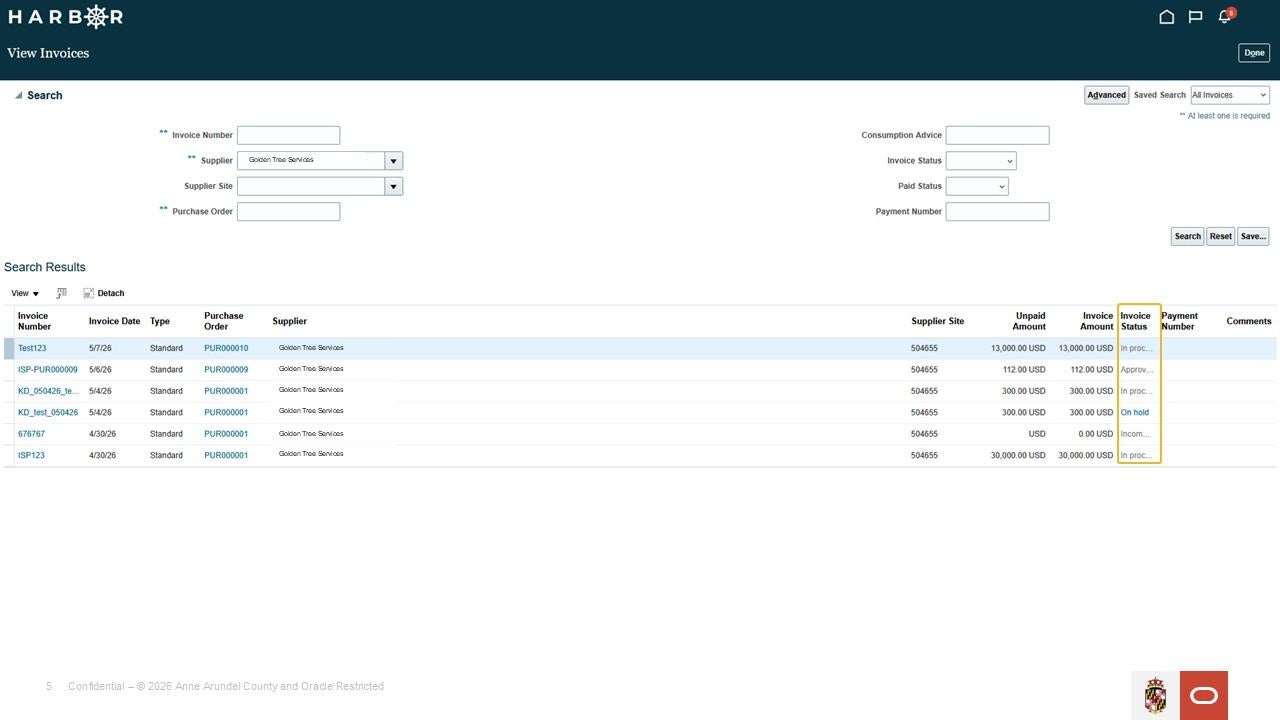 Harbor view invoices screen with a yellow box around "Invoice Status"