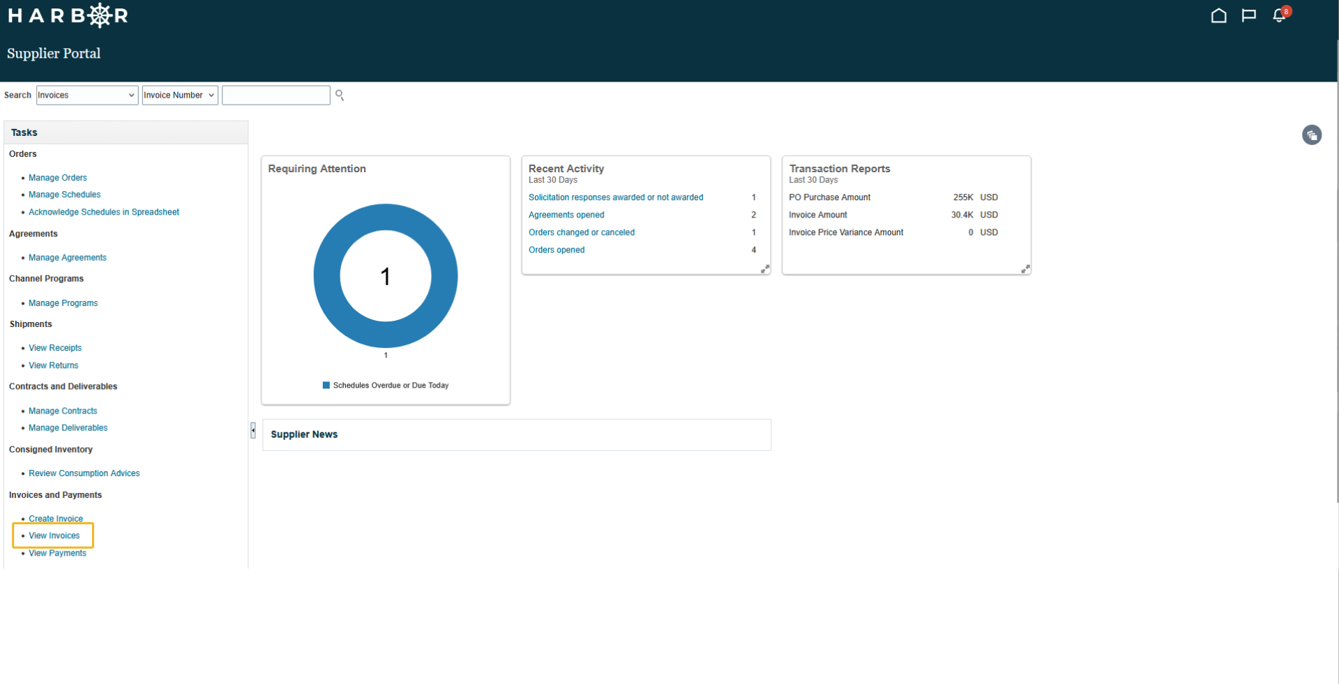 The "3 - view invoice.png" image shows the HARBOR Supplier Portal dashboard with "View Invoices" highlighted in the left sidebar.