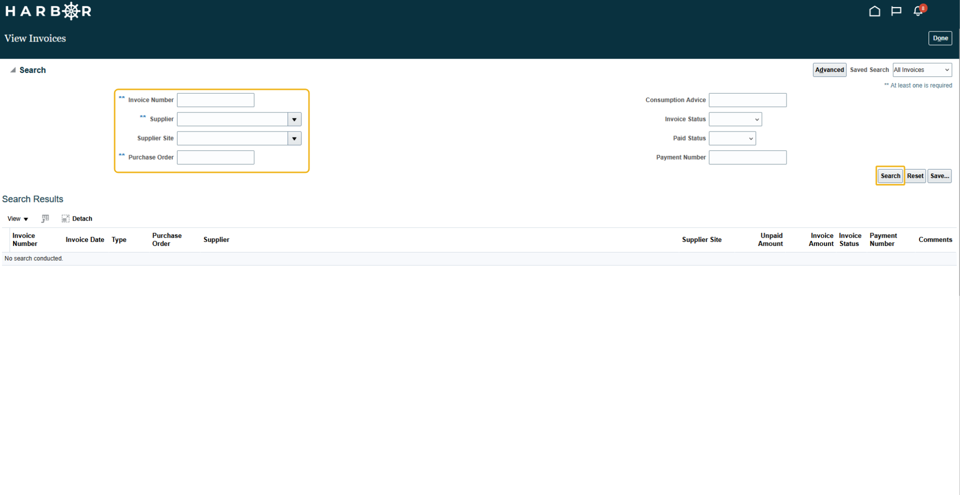 The "4 - view invoice.png" image shows the HARBOR "View Invoices" page with select search fields and the "Search" button highlighted in yellow.