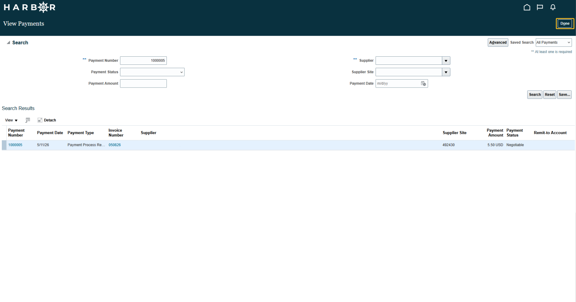 The "10 - viewing payments.png" image shows the HARBOR "View Payments" page with the "Done" button highlighted in yellow.