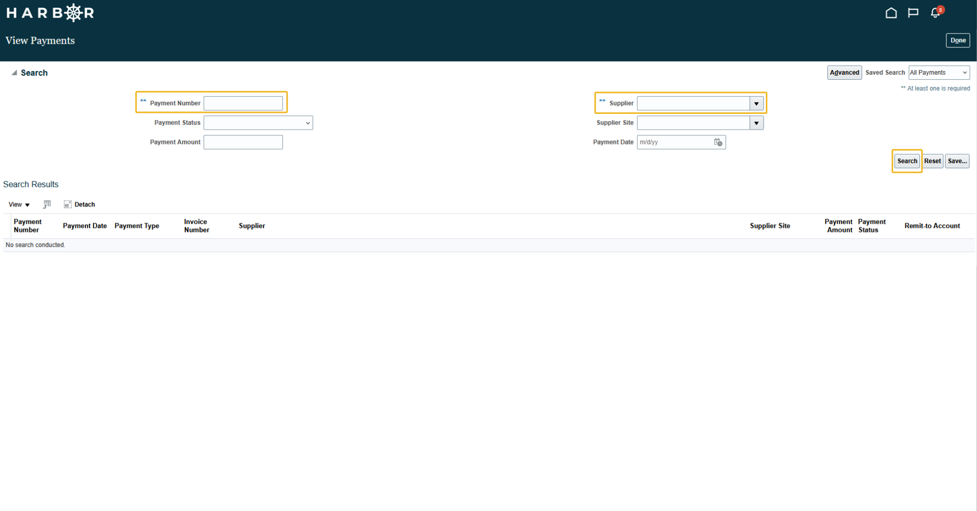 The "4 - viewing payments.png" image shows the HARBOR "View Payments" page with select search fields and the "Search" button highlighted in yellow.