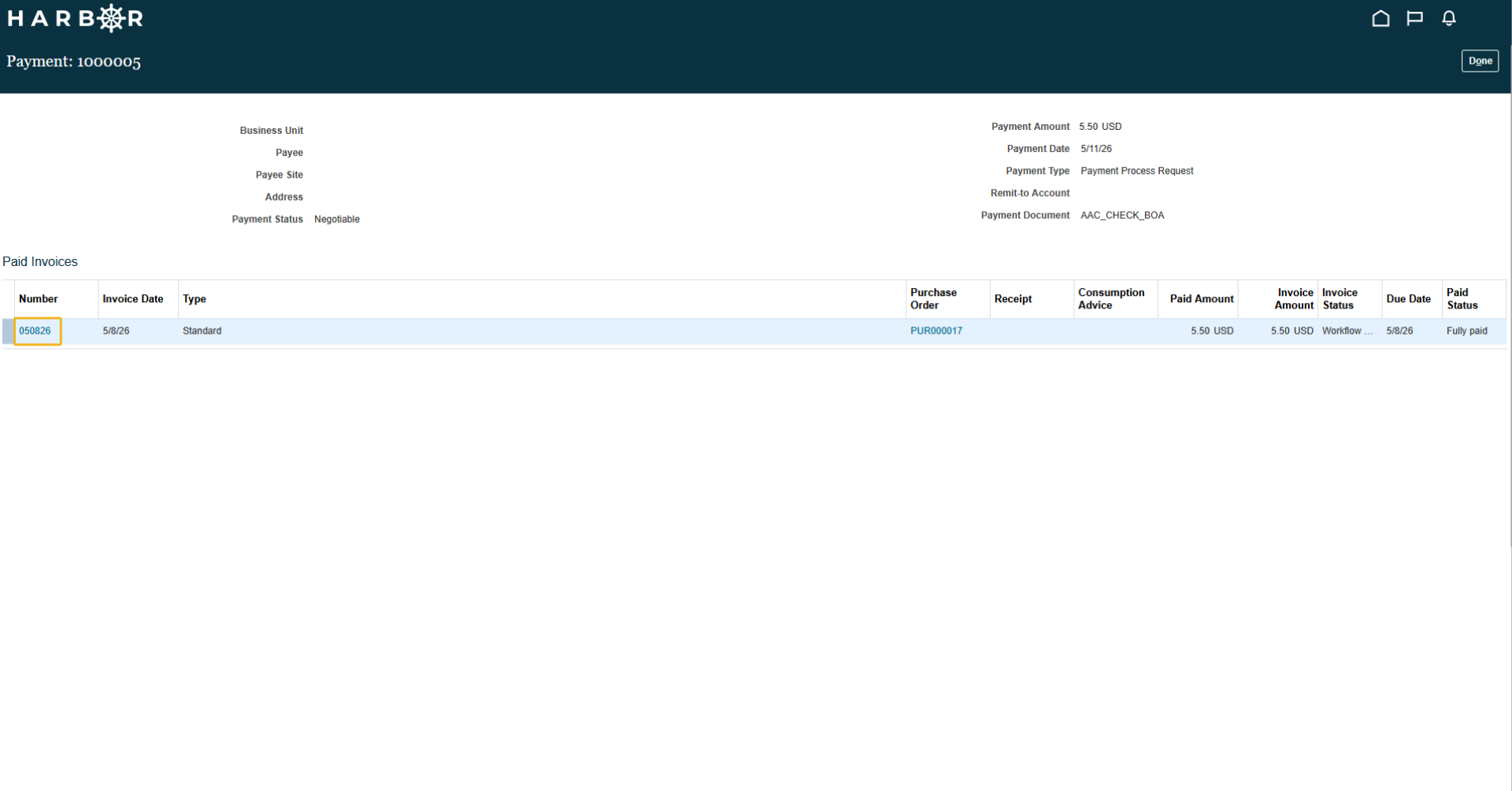 The "6 - viewing payments.png" image shows the HARBOR payment details page with an invoice number link highlighted in yellow.