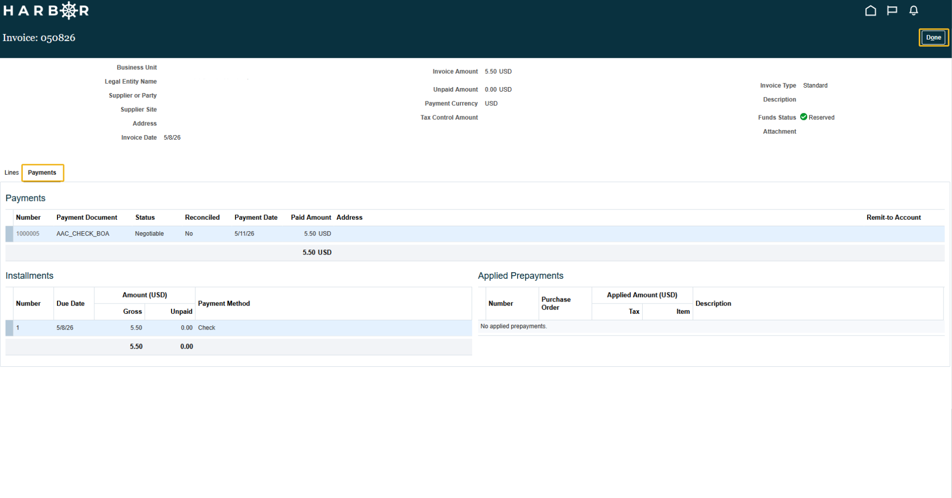 The "8 - viewing payments.png" image shows the HARBOR invoice details page with the "Payments" tab and "Done" button highlighted in yellow.