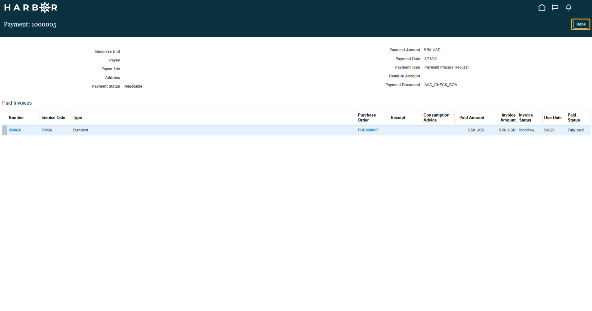 The "9 - viewing payments.png" image shows the HARBOR payment details page with the "Done" button highlighted in yellow.
