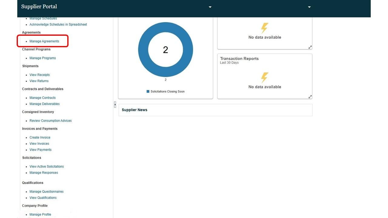 Main screen with manage agreements navigation option highlighted