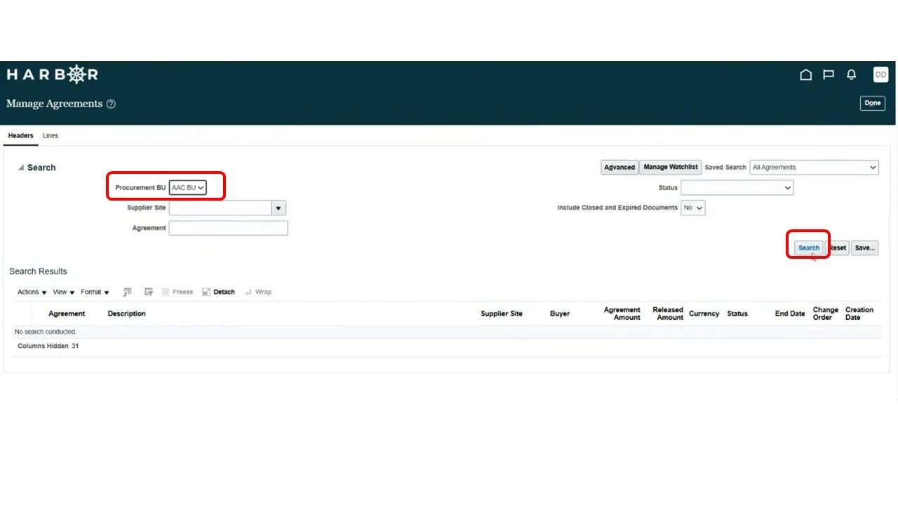 Search screen with the procurement BU field and the search button selected