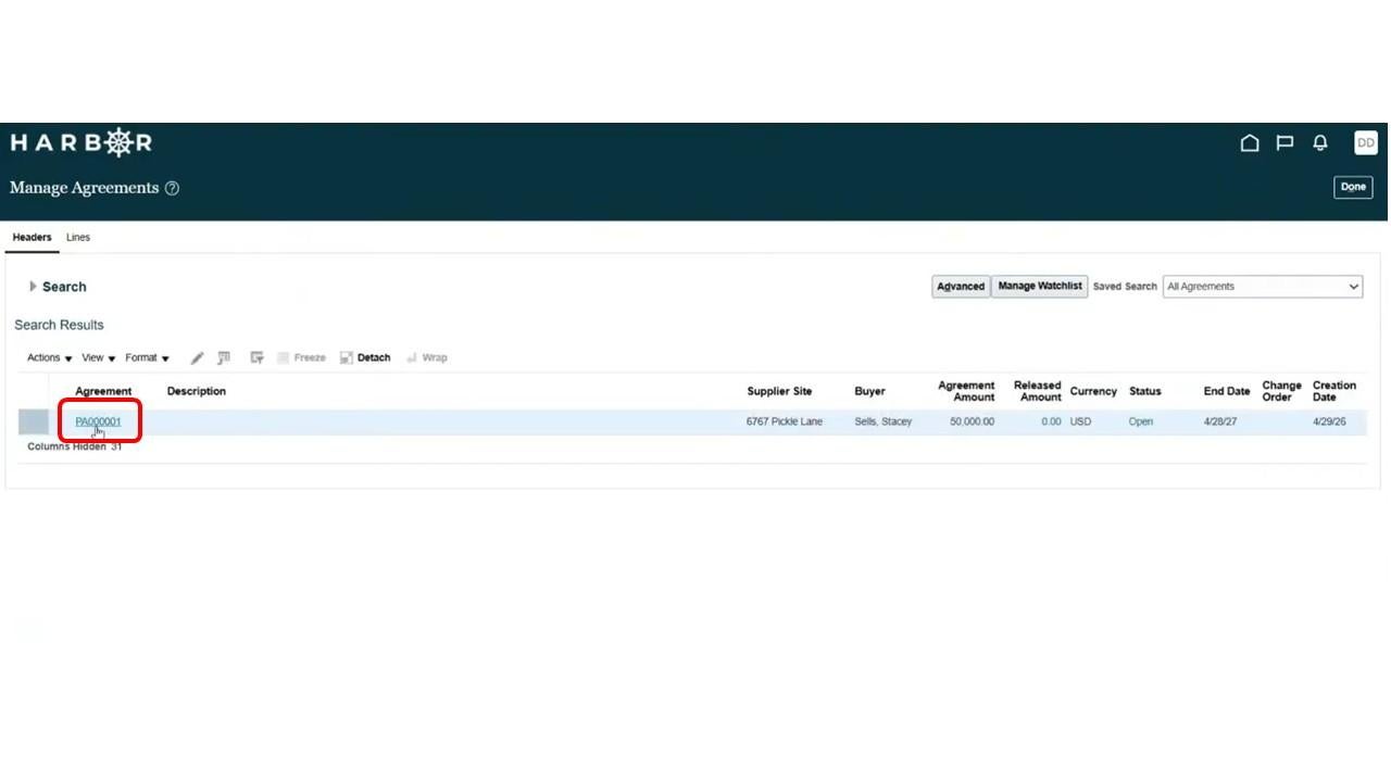 Manage Agreements screen with the agreement number highlighted