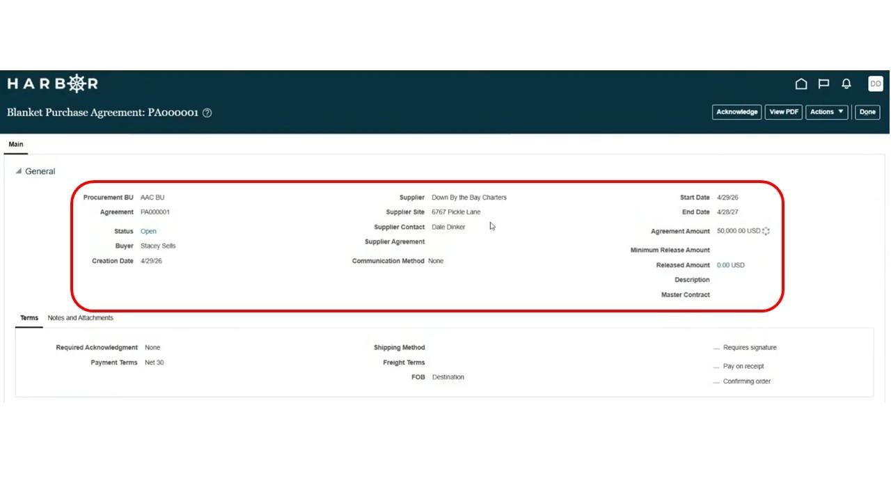 The purchase agreement details with general information section highlighted