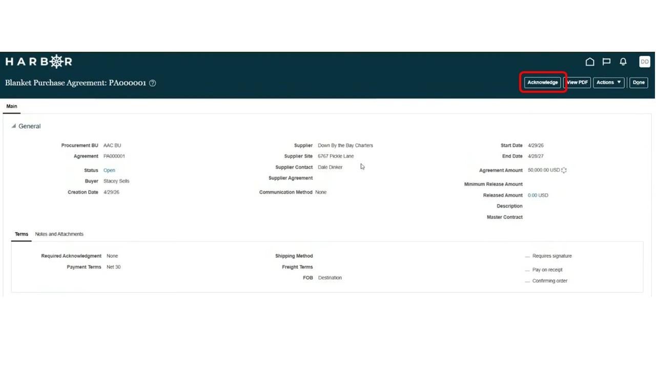 Blanket purchase agreement detail screen with acknowledge button highlighted
