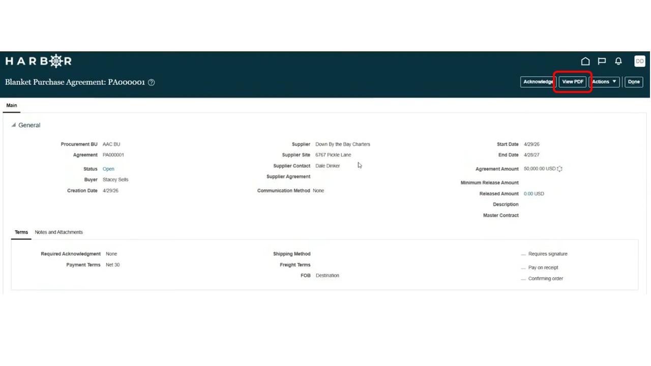 Blanket purchase agreement detail screen with View PDF button highlighted