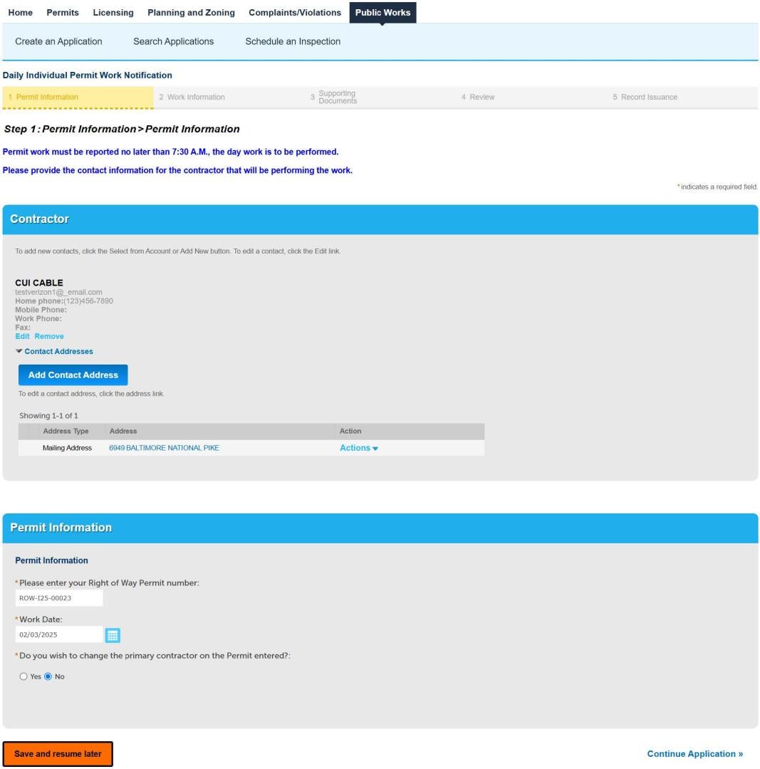 Daily Individual Permit Work Notification screen 1