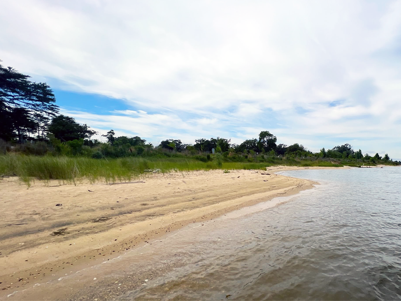Sandy shoreline and calm water at Fort Smallwood Park under a partly cloudy sky, with a grassy bank and treeline in the background.