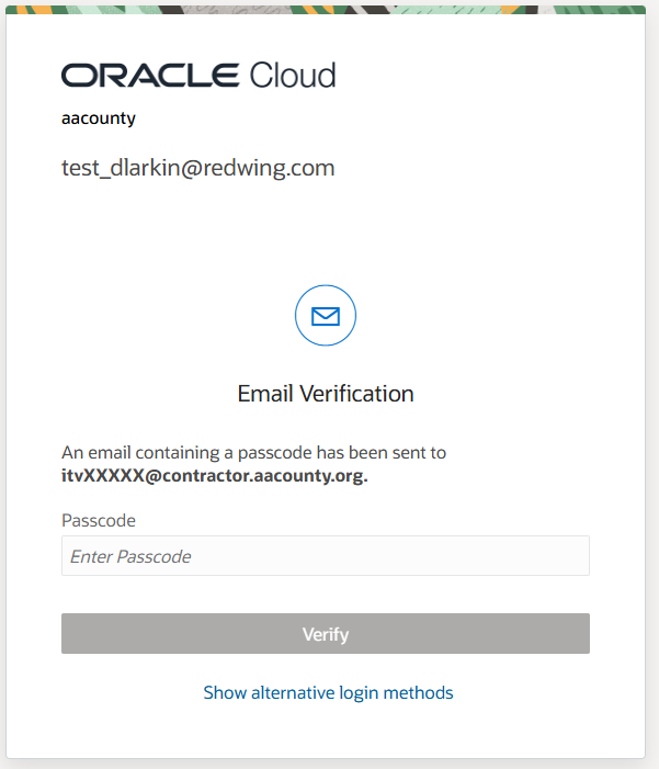 The "harbor login 9.png" image shows an Oracle Cloud email verification page with a Passcode entry field and Verify button.