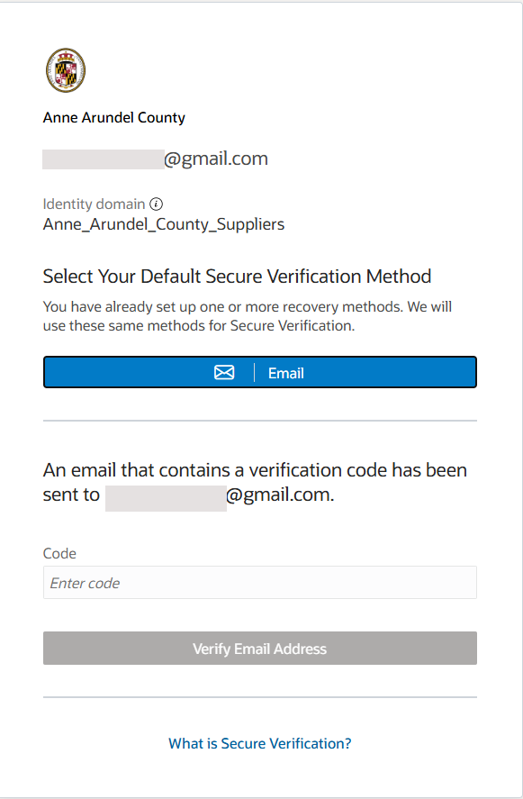 MFA screen stating an email has been sent with a verification code