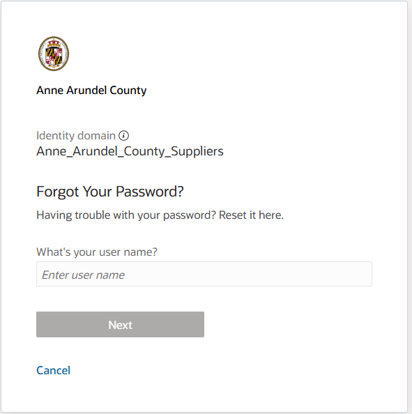 The "harbor login 2.png" image shows an Oracle Cloud password reset page for aacounty with a user name entry field and a Next button.