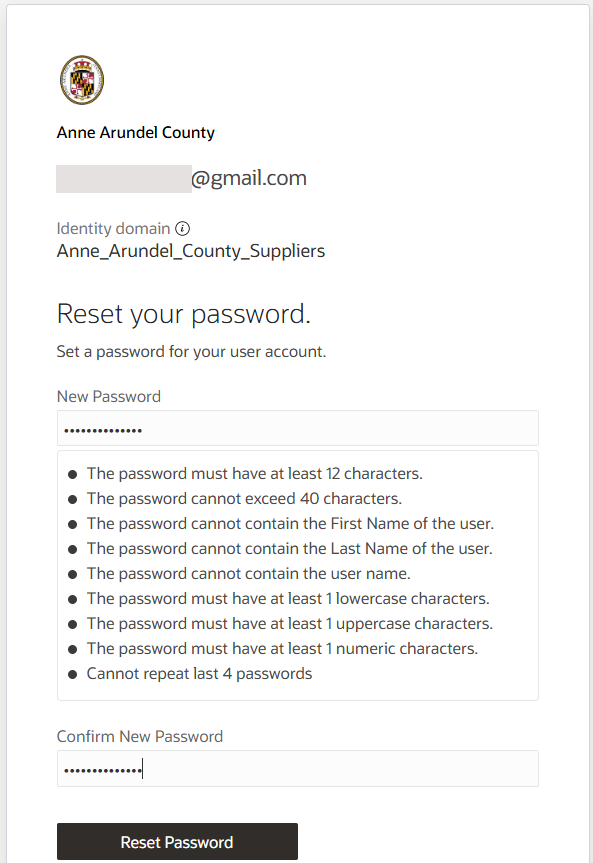The "harbor login 5.png" image shows an Oracle Cloud password reset page with fields to enter and confirm a new password.
