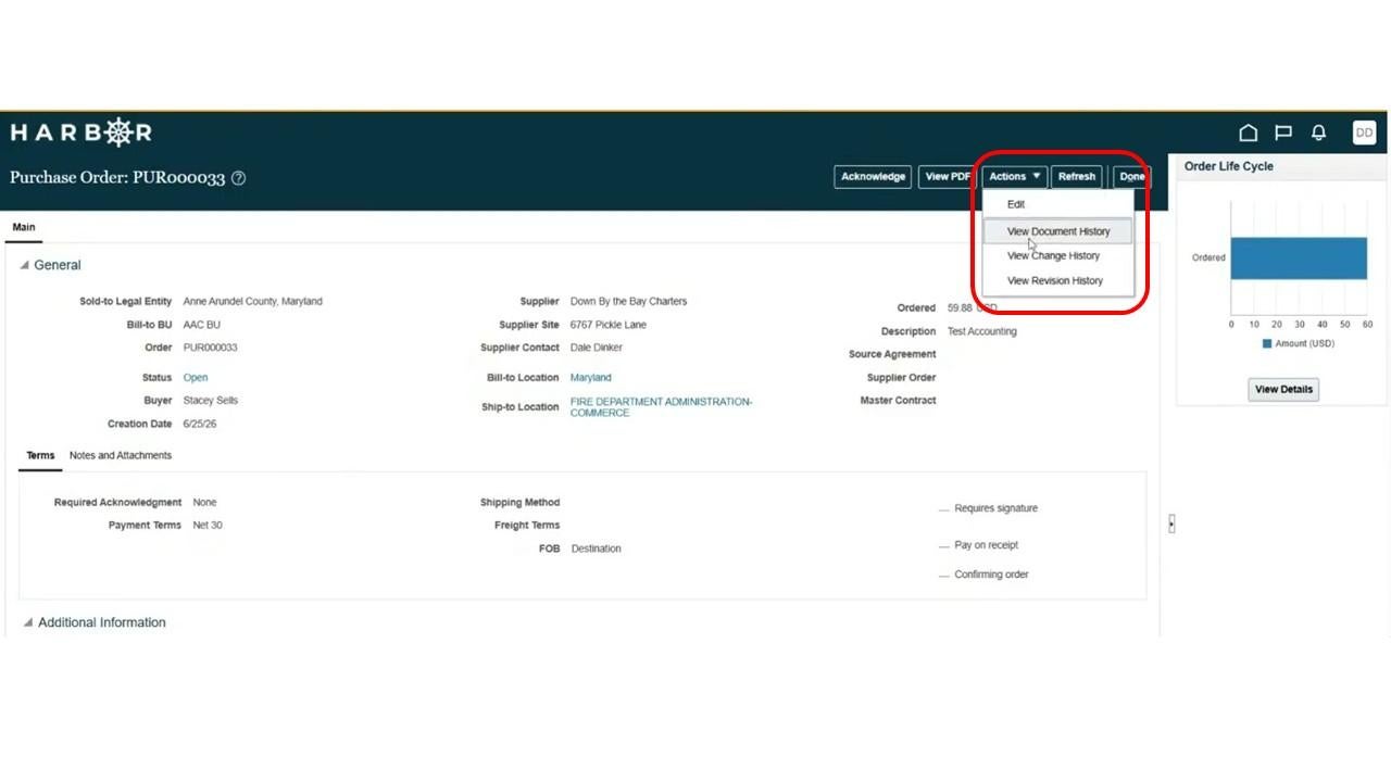 Purchase order detail screen with actions menu expanded and options highlighted