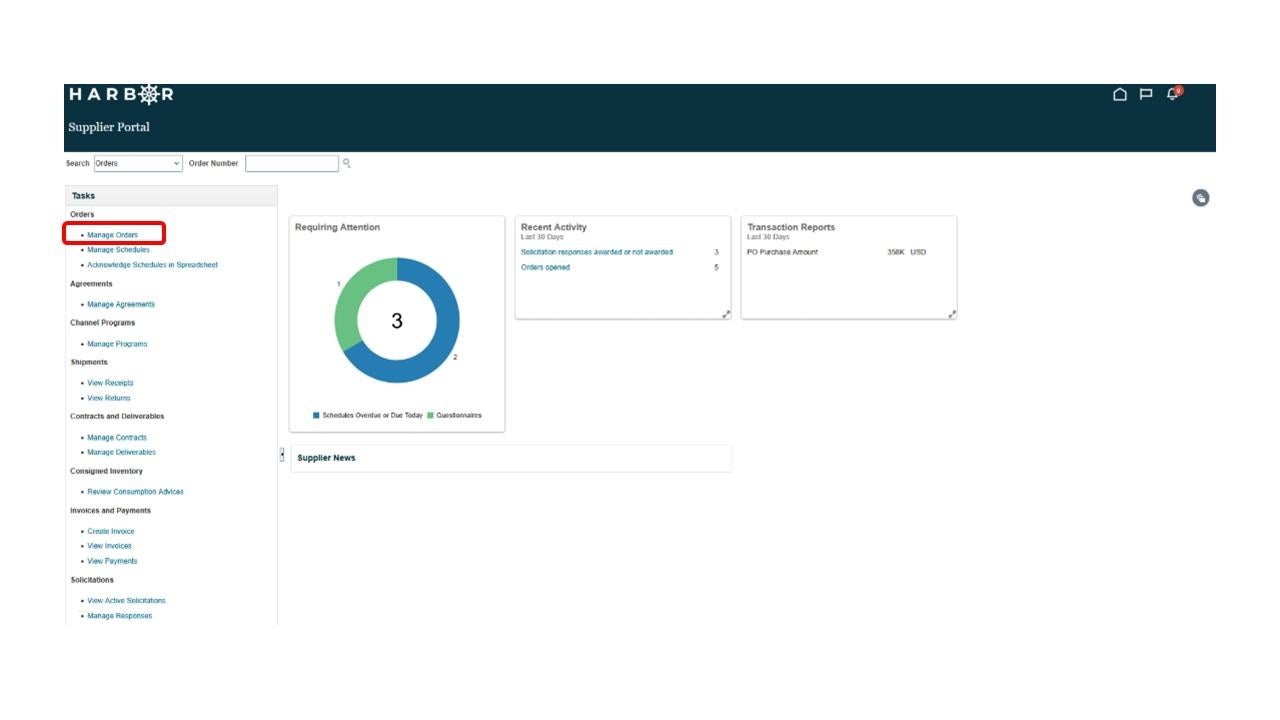 Supplier portal screen with view purchase orders option highlighted in left navigation