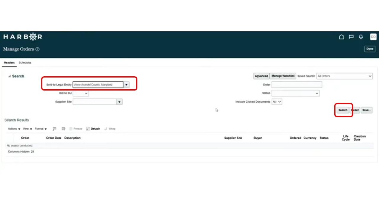 Manage orders screen with Sold  to Legal Entity box highlighted