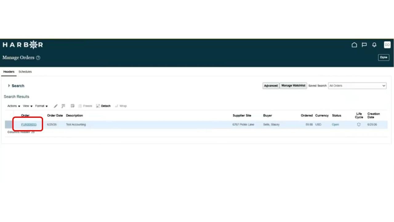 Manage orders screen with purchase order number highlighted