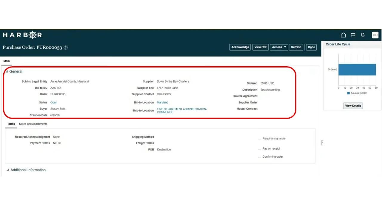 Purchase order detail screen with general information section highlighted