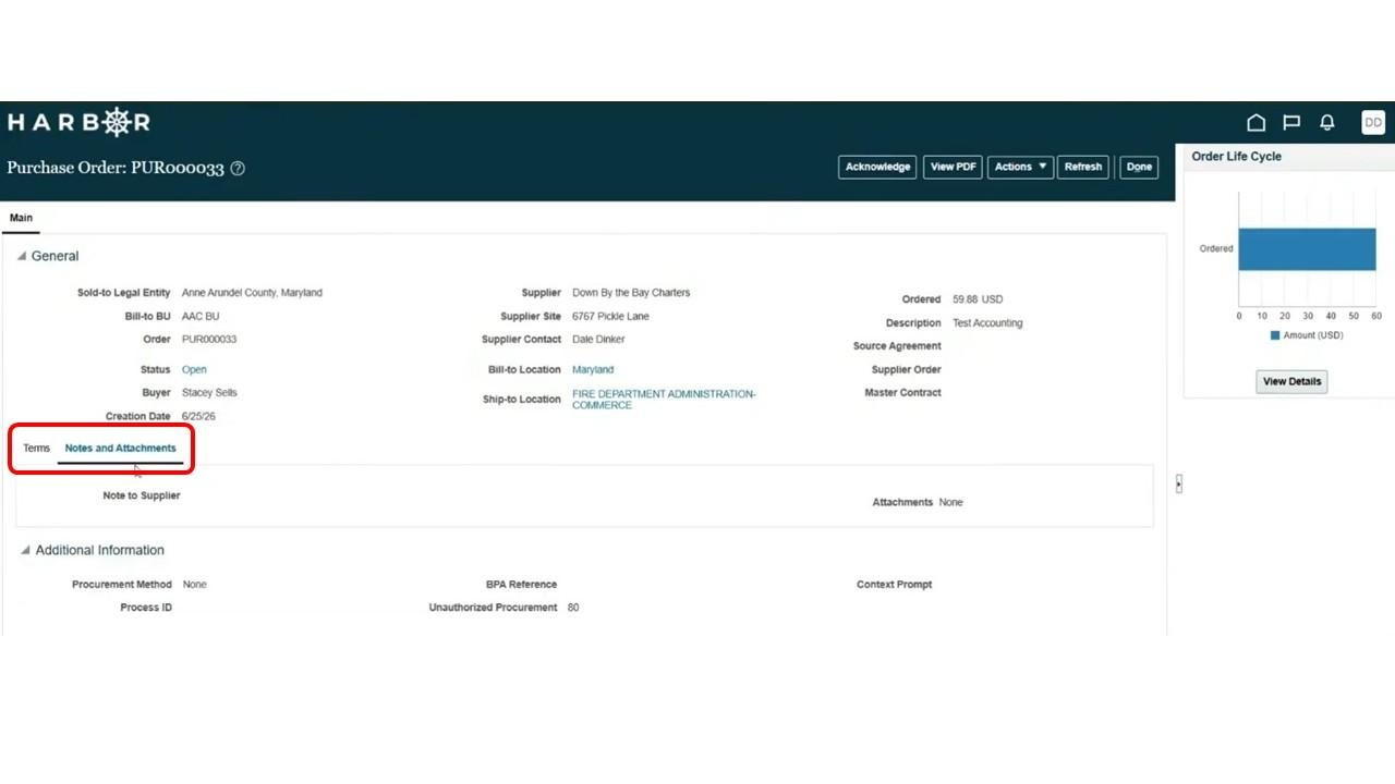 Purchase order detail screen with Notes and Attachments tab highlighted