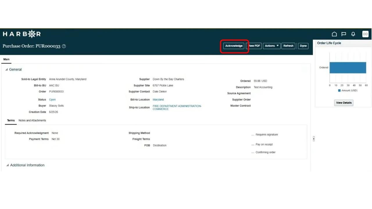 Purchase Order details with acknowledge button highlighted
