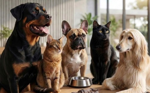 A photo of 3 dogs and 2 cats