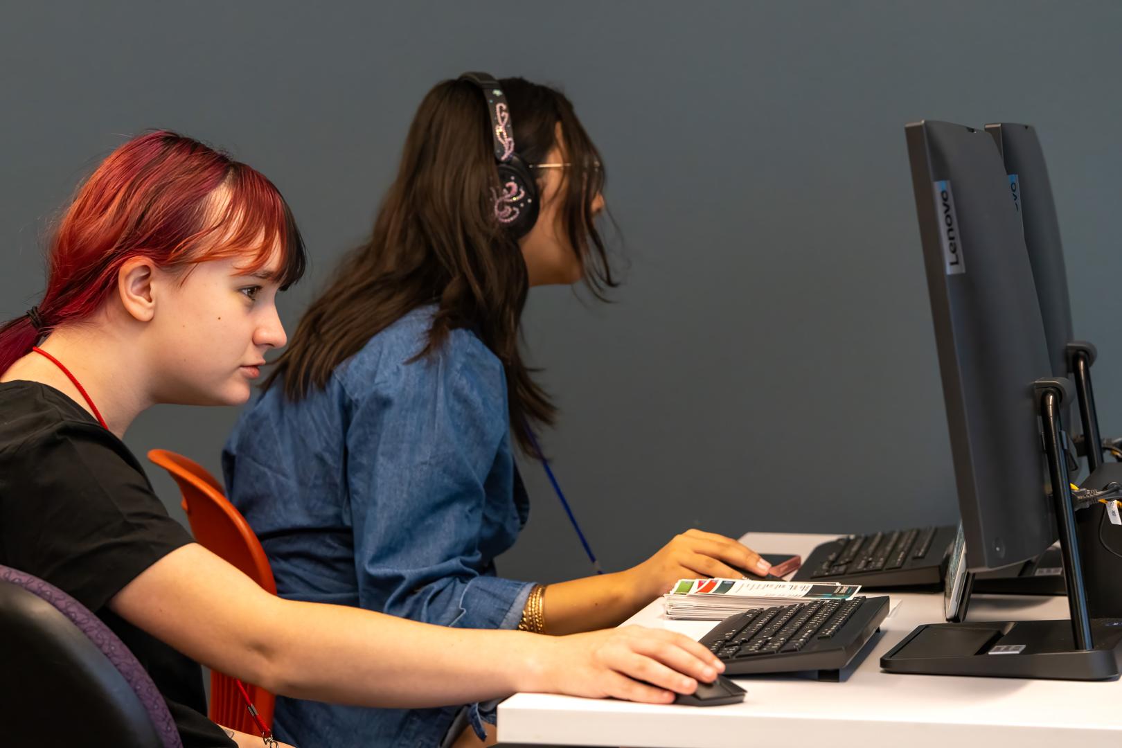 Participants working on a computer during HERoes on the HERizon Camp 