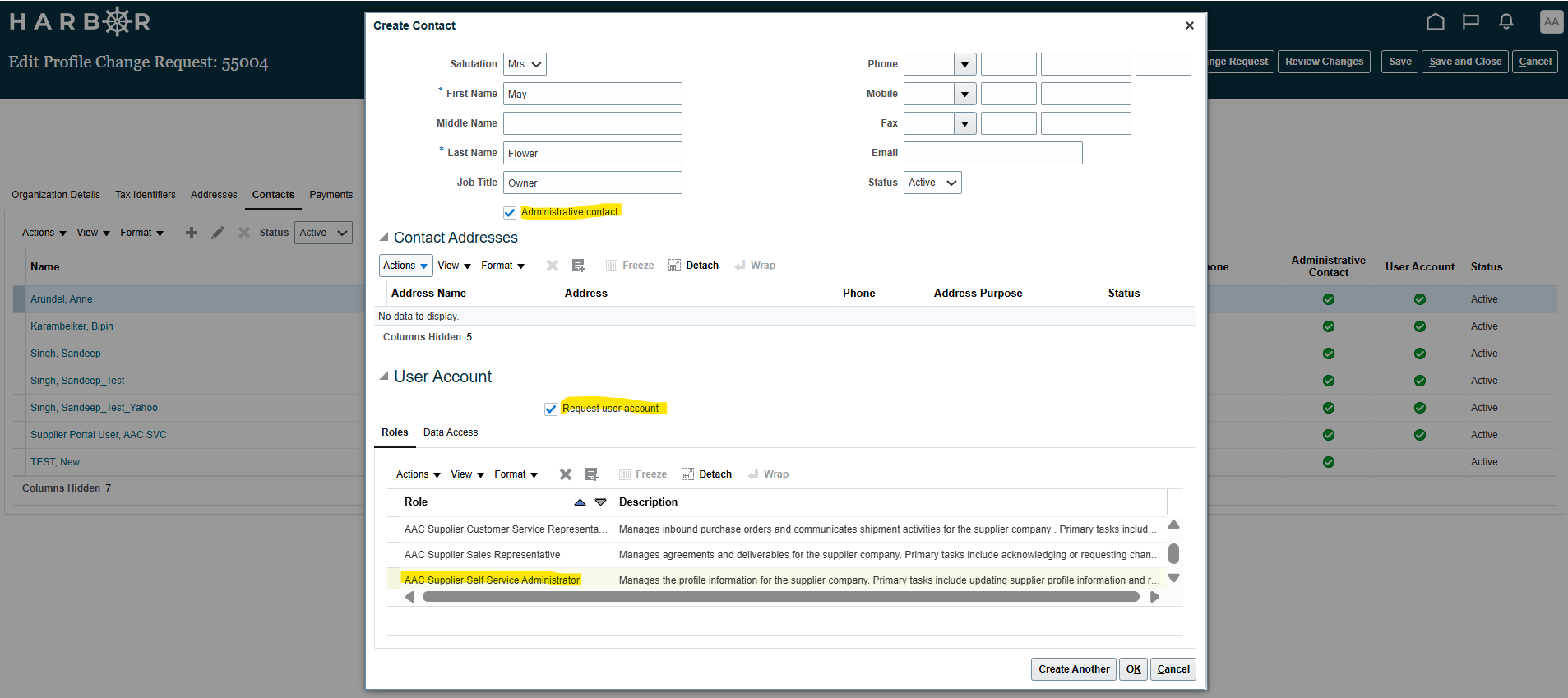 Harbor screen depicting how to select Administrative Contact