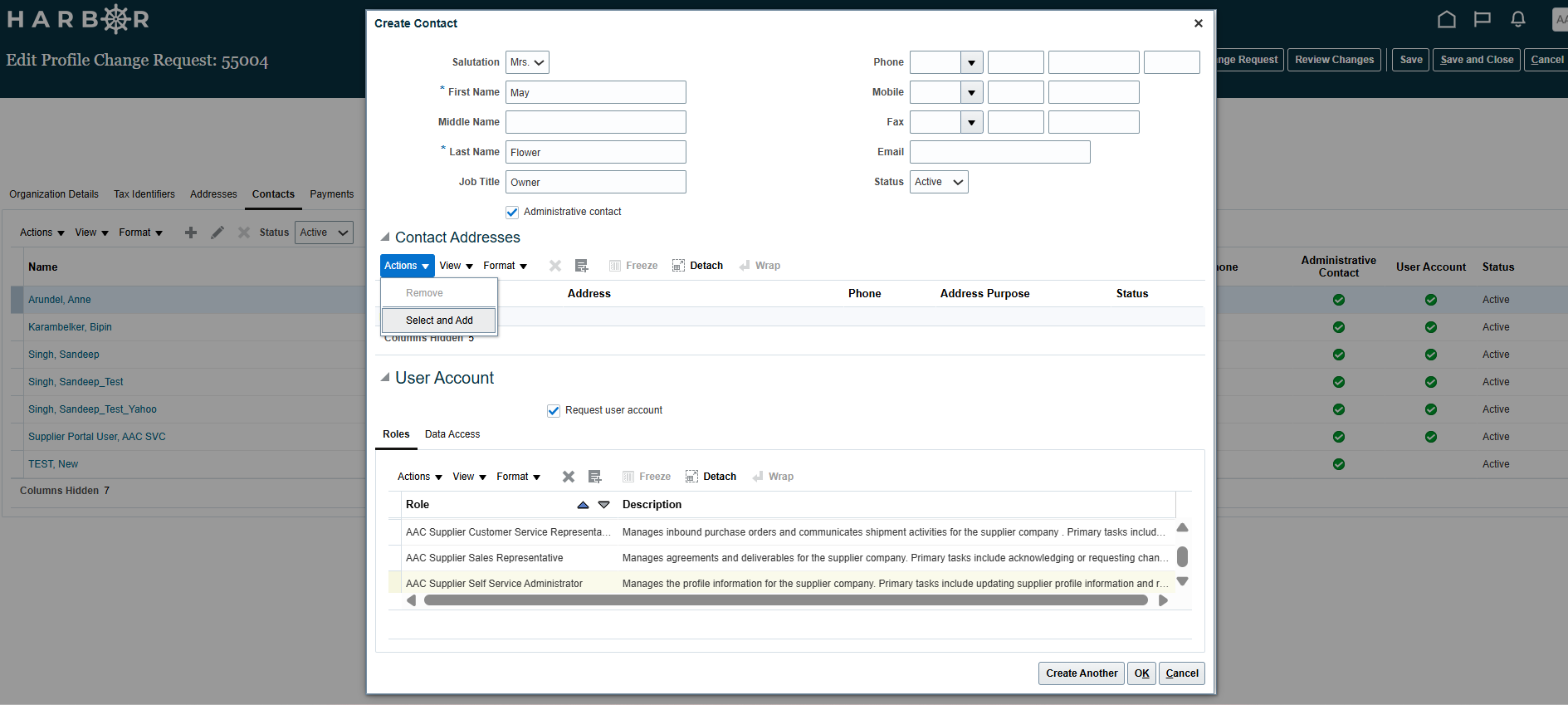 Harbor supplier screen depicting how to add a contact address