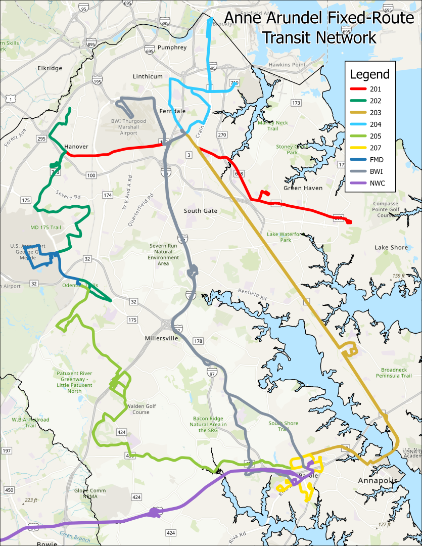 Map of all of the Anne Arundel County transit routes