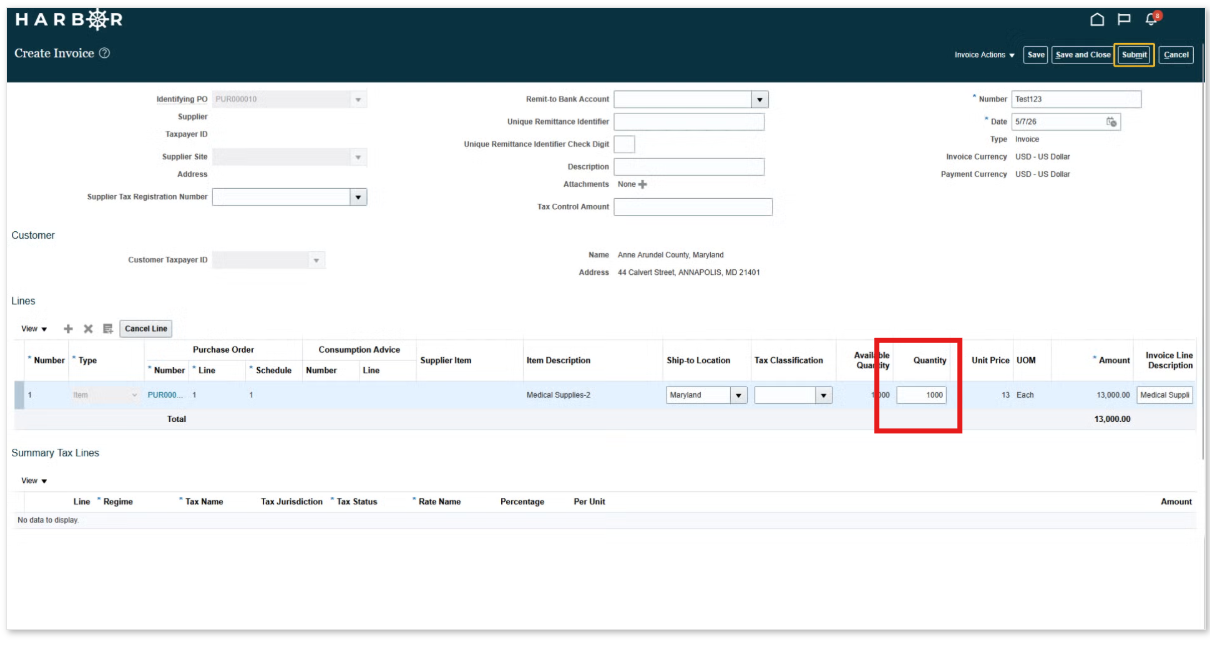 Invoice screen displaying the quantity field and the ability to change it